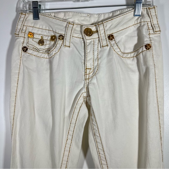 True Religion Joey Big T Y2K Gold Embroidered Flare White Denim Jeans Size 26 - Picture 3 of 14